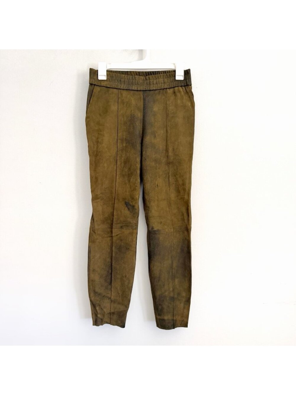 SPRWMN Olive Green Slim Leather Pants Elastic Waist w Pockets Women’s Size Small